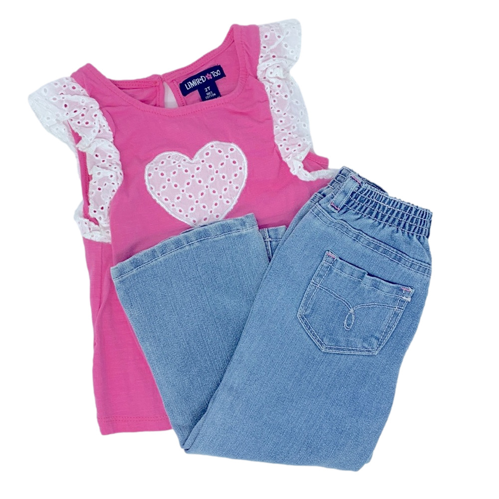 Girls 2T Pink Heart Flutter Sleeve Top & Denim Shorts Outfit Set